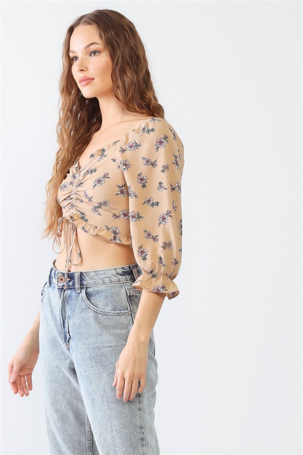 Floral Print Half Sleeve Ruched Crop TopTopTASHA