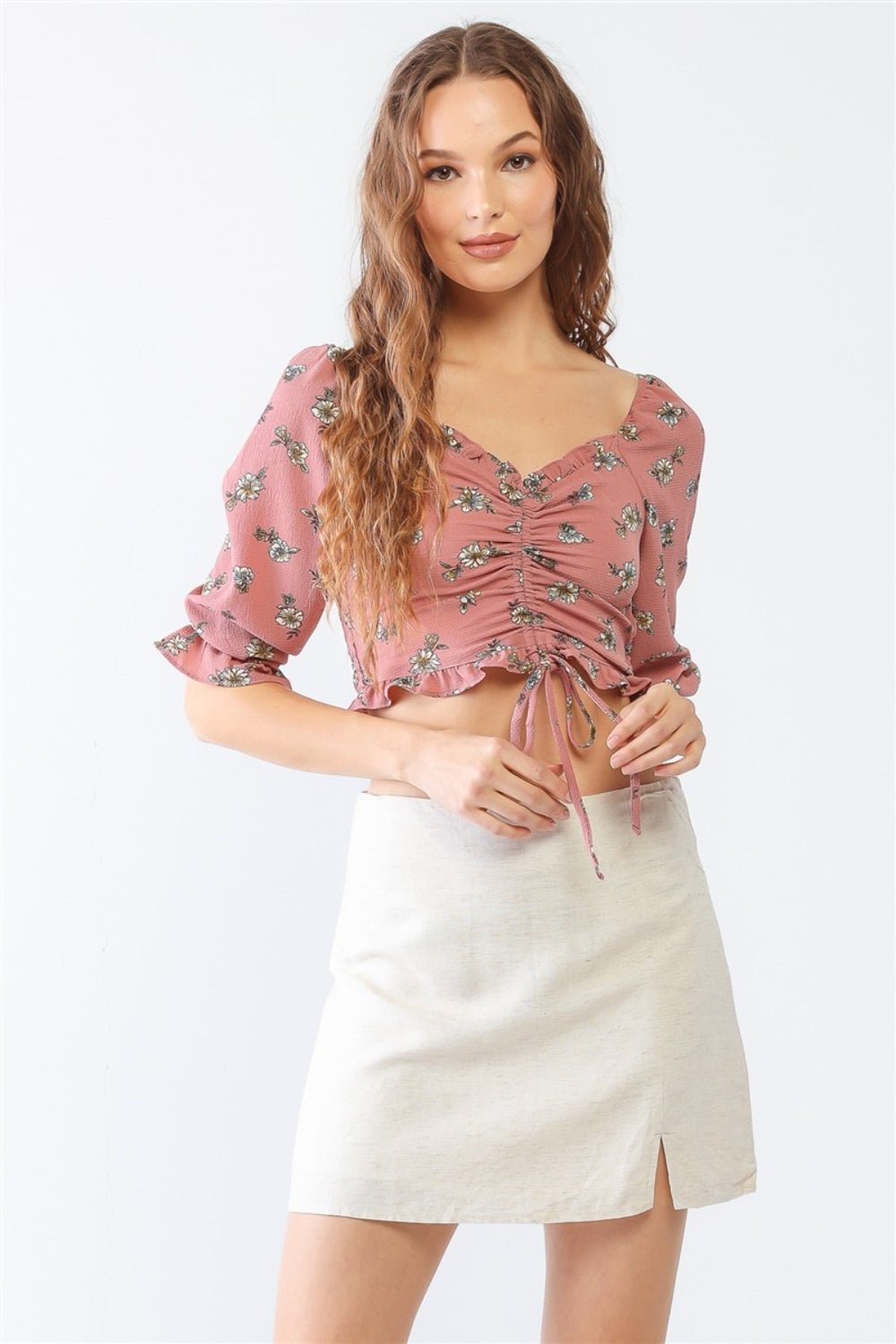 Floral Print Half Sleeve Ruched Crop TopTopTASHA