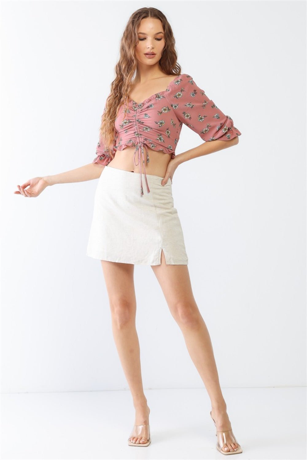 Floral Print Half Sleeve Ruched Crop TopTopTASHA