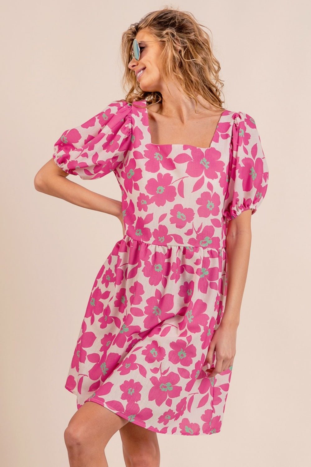 Floral Print Puff Sleeve Mini Dress in FuchsiaMini DressBiBi