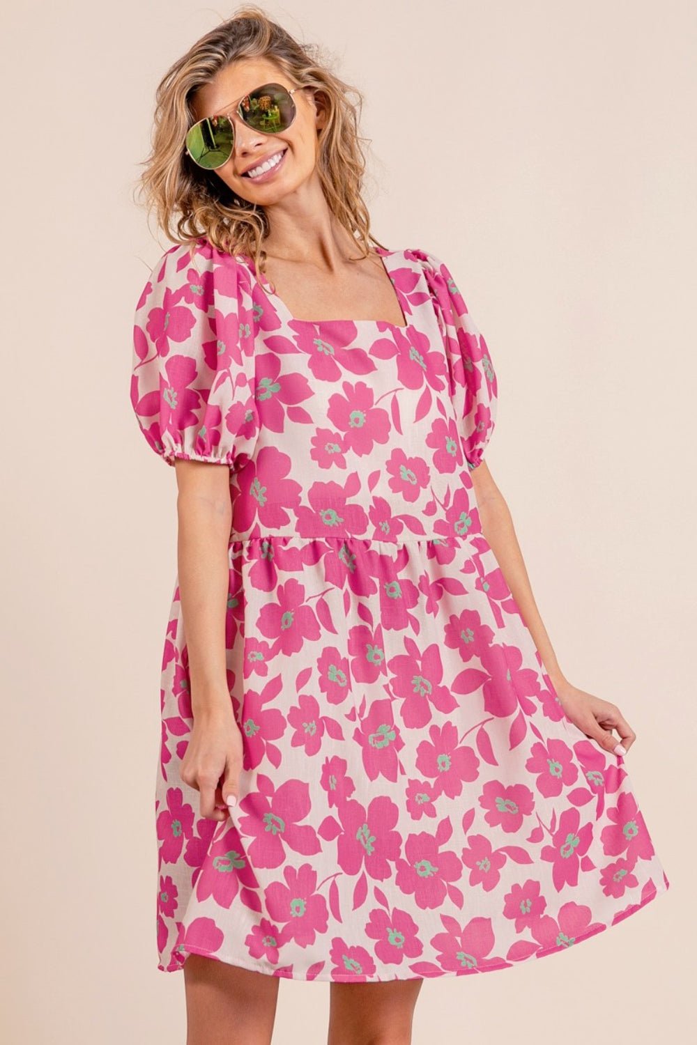 Floral Print Puff Sleeve Mini Dress in FuchsiaMini DressBiBi