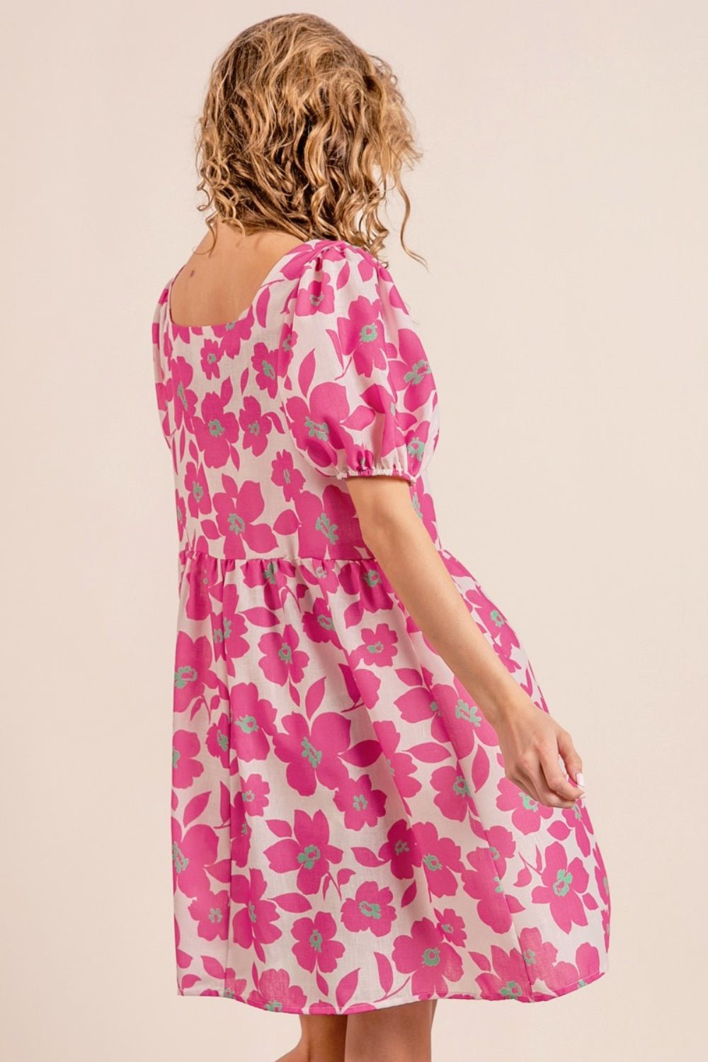 Floral Print Puff Sleeve Mini Dress in FuchsiaMini DressBiBi