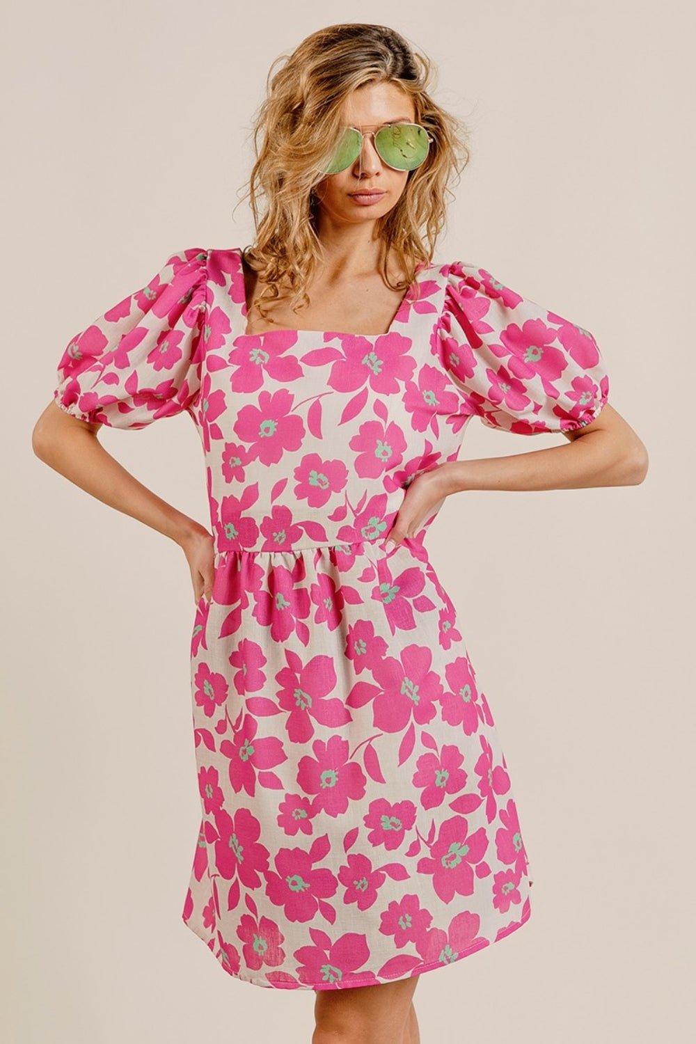 Floral Print Puff Sleeve Mini Dress in FuchsiaMini DressBiBi