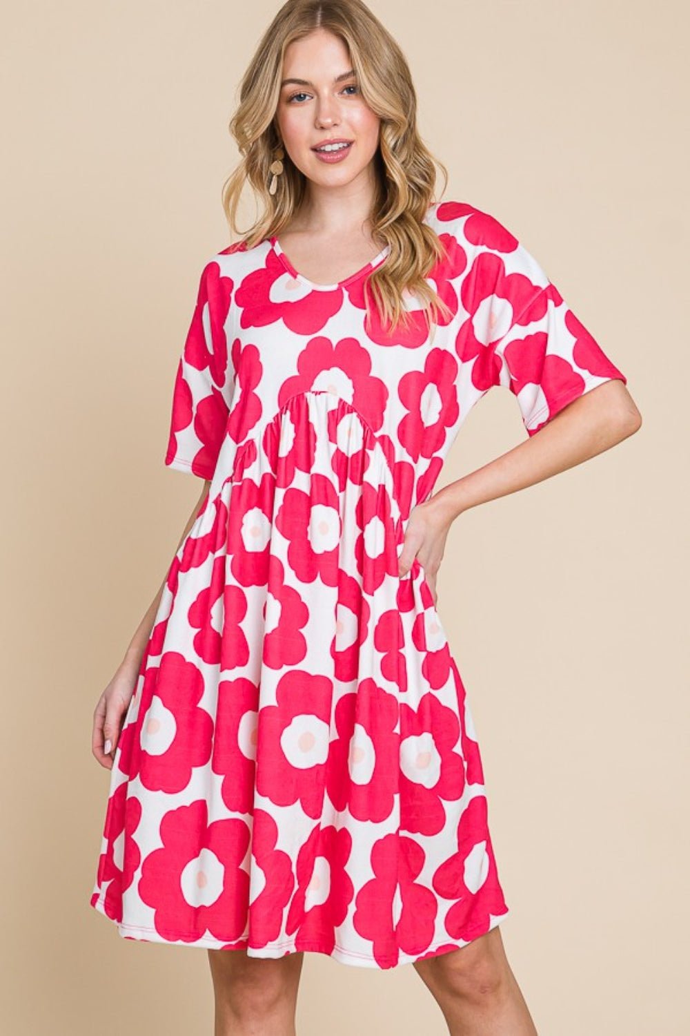 Floral Print Short Sleeve Mini Dress in FuchsiaMini DressBOMBOM