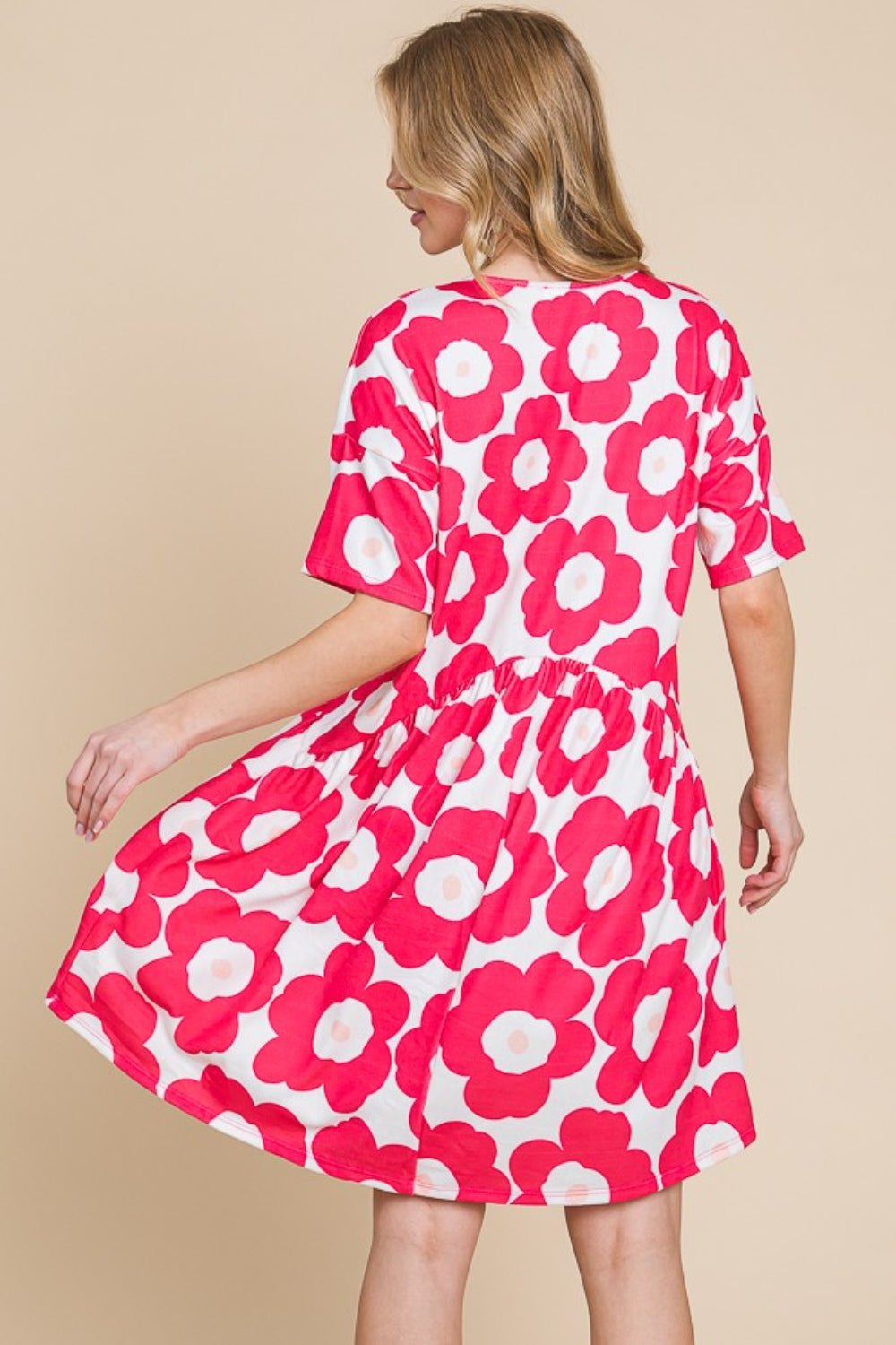 Floral Print Short Sleeve Mini Dress in FuchsiaMini DressBOMBOM