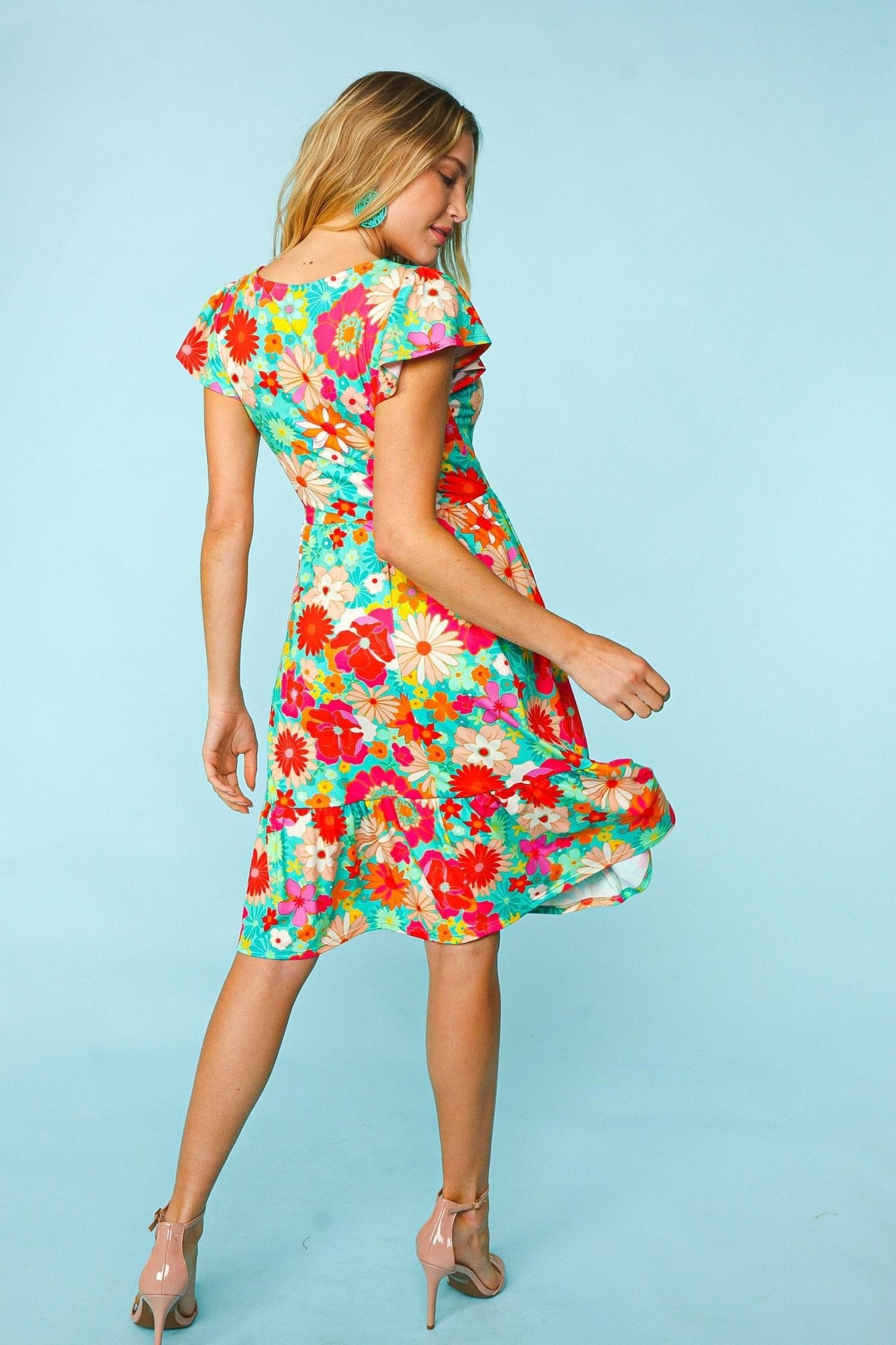 Floral Print Short Sleeve Mini Dress in Fuchsia MintMini DressHaptics