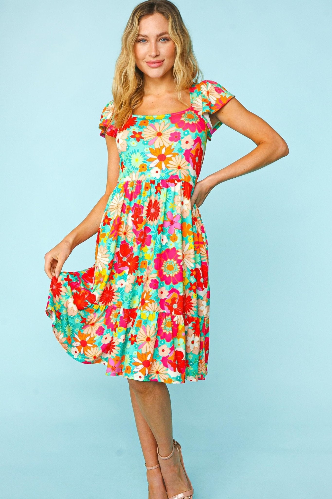 Floral Print Short Sleeve Mini Dress in Fuchsia MintMini DressHaptics