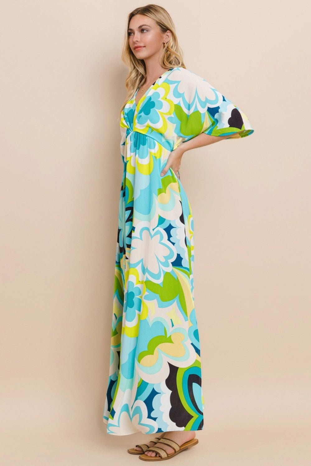 Floral Printed Kimono Sleeve Maxi Dress in Blue YellowMaxi DressODDI
