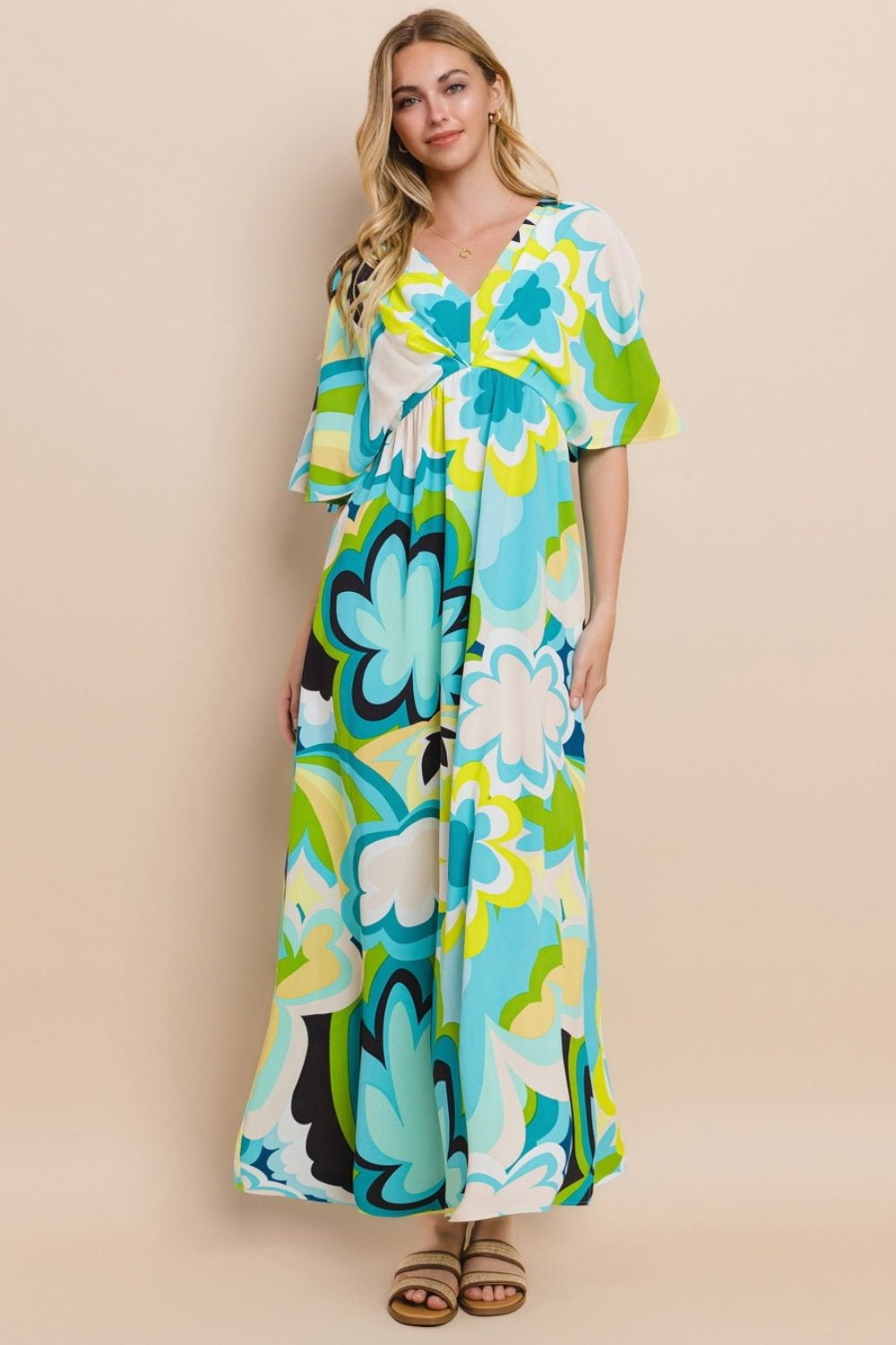 Floral Printed Kimono Sleeve Maxi Dress in Blue YellowMaxi DressODDI