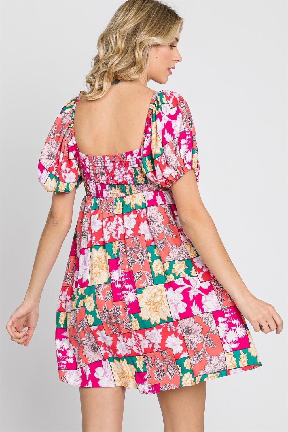 Floral Puff Sleeve Mini Dress in FuchsiaMini DressGeeGee