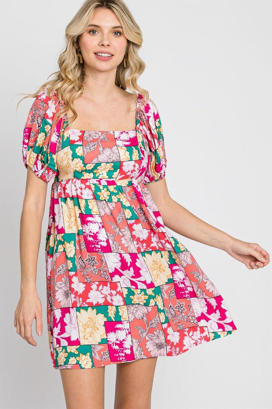 Floral Puff Sleeve Mini Dress in FuchsiaMini DressGeeGee