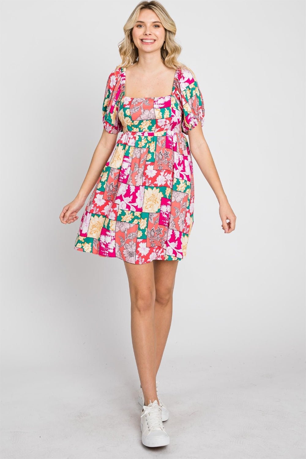 Floral Puff Sleeve Mini Dress in FuchsiaMini DressGeeGee