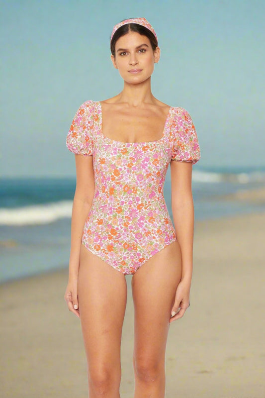 Floral Puff Sleeve One-Piece Swimsuit in PinkSwimsuitMarina West Swim