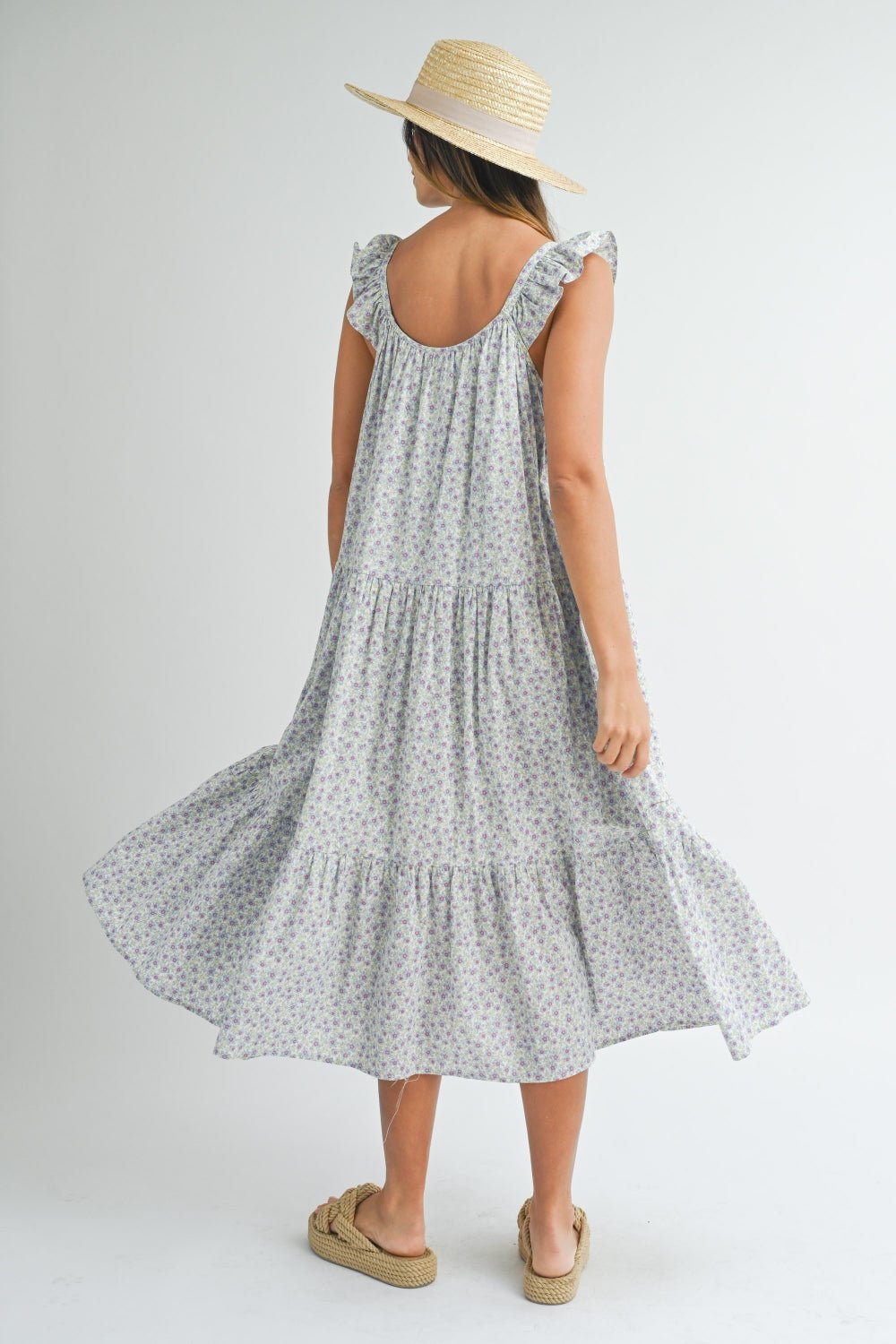 Floral Ruffle Sleeveless Tiered Midi Dress in BlueMidi DressMable