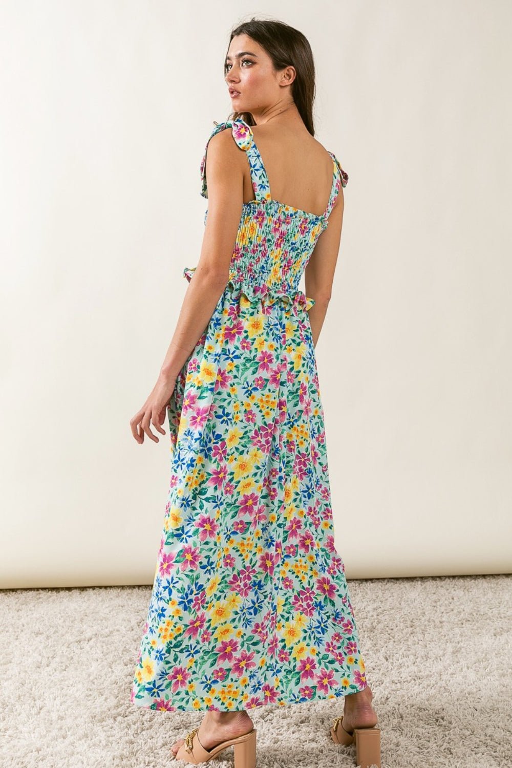 Floral Ruffle Trim Smocked Cami Maxi Dress in MintMaxi DressBiBi