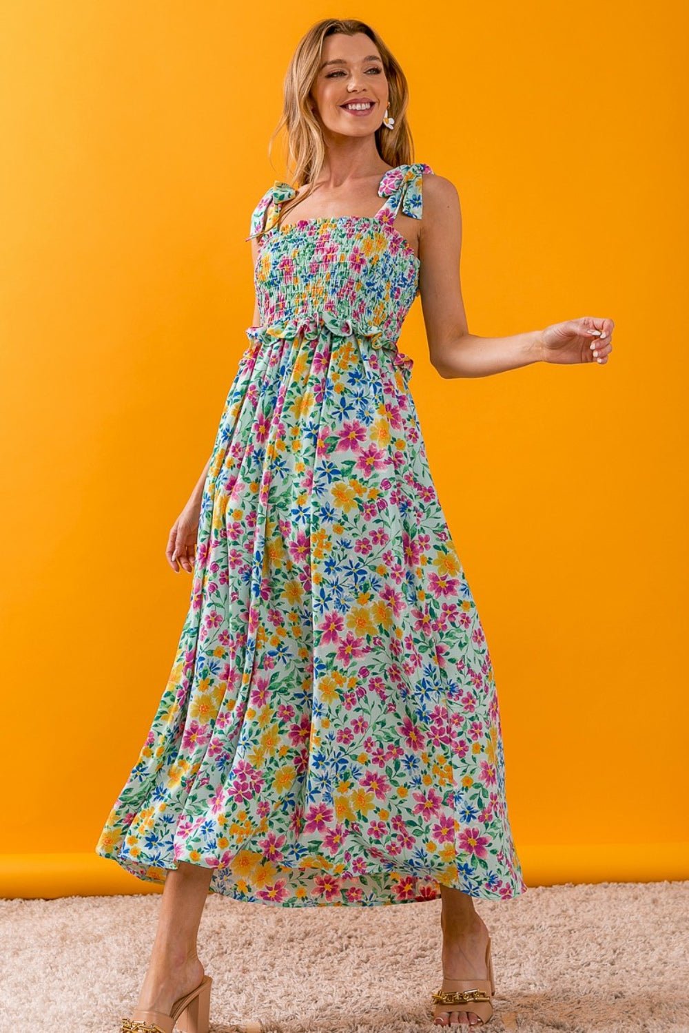 Floral Ruffle Trim Smocked Cami Maxi Dress in MintMaxi DressBiBi