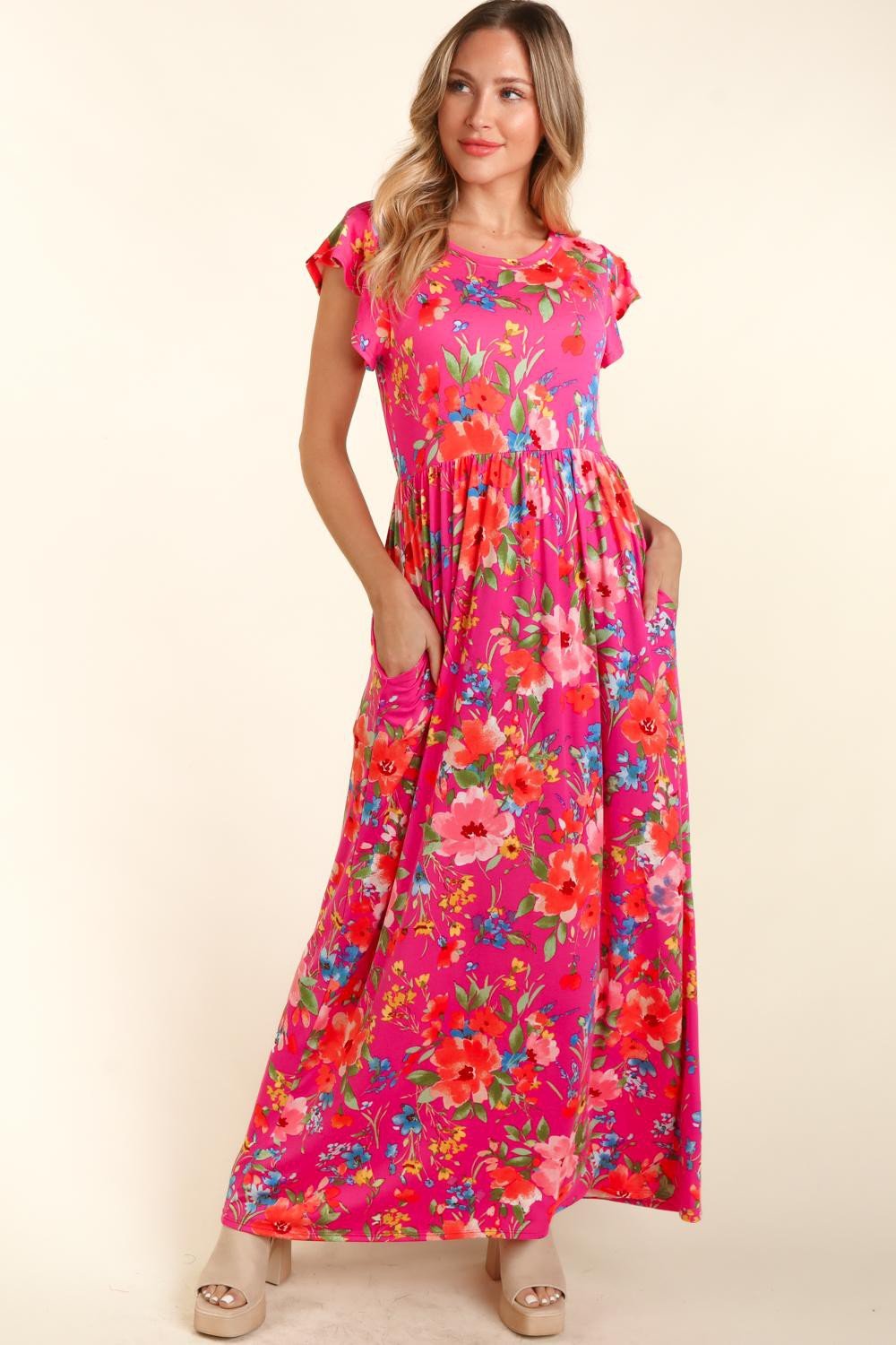 Floral Ruffled Cap Sleeve Maxi Dress in FuchsiaMaxi DressHaptics