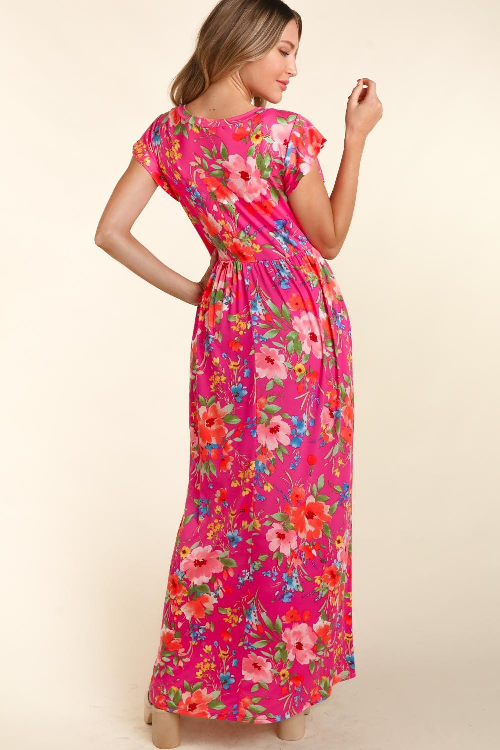 Floral Ruffled Cap Sleeve Maxi Dress in FuchsiaMaxi DressHaptics