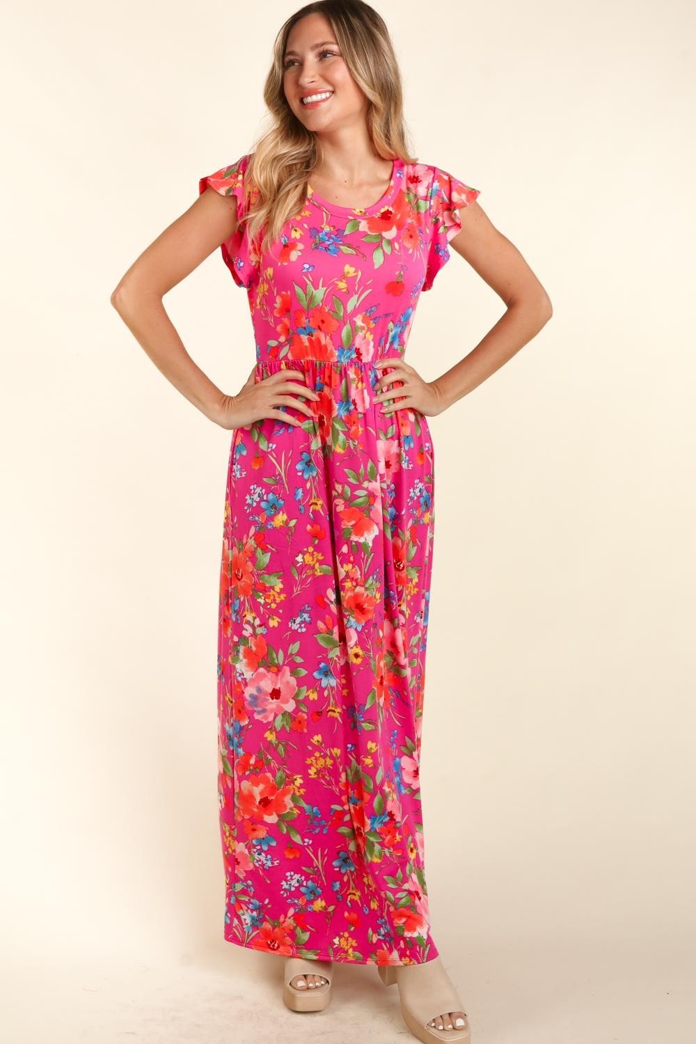 Floral Ruffled Cap Sleeve Maxi Dress in FuchsiaMaxi DressHaptics