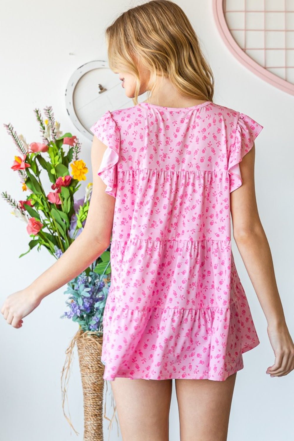 Floral Ruffled Cap Sleeves Tiered Top in PinkTopHeimish