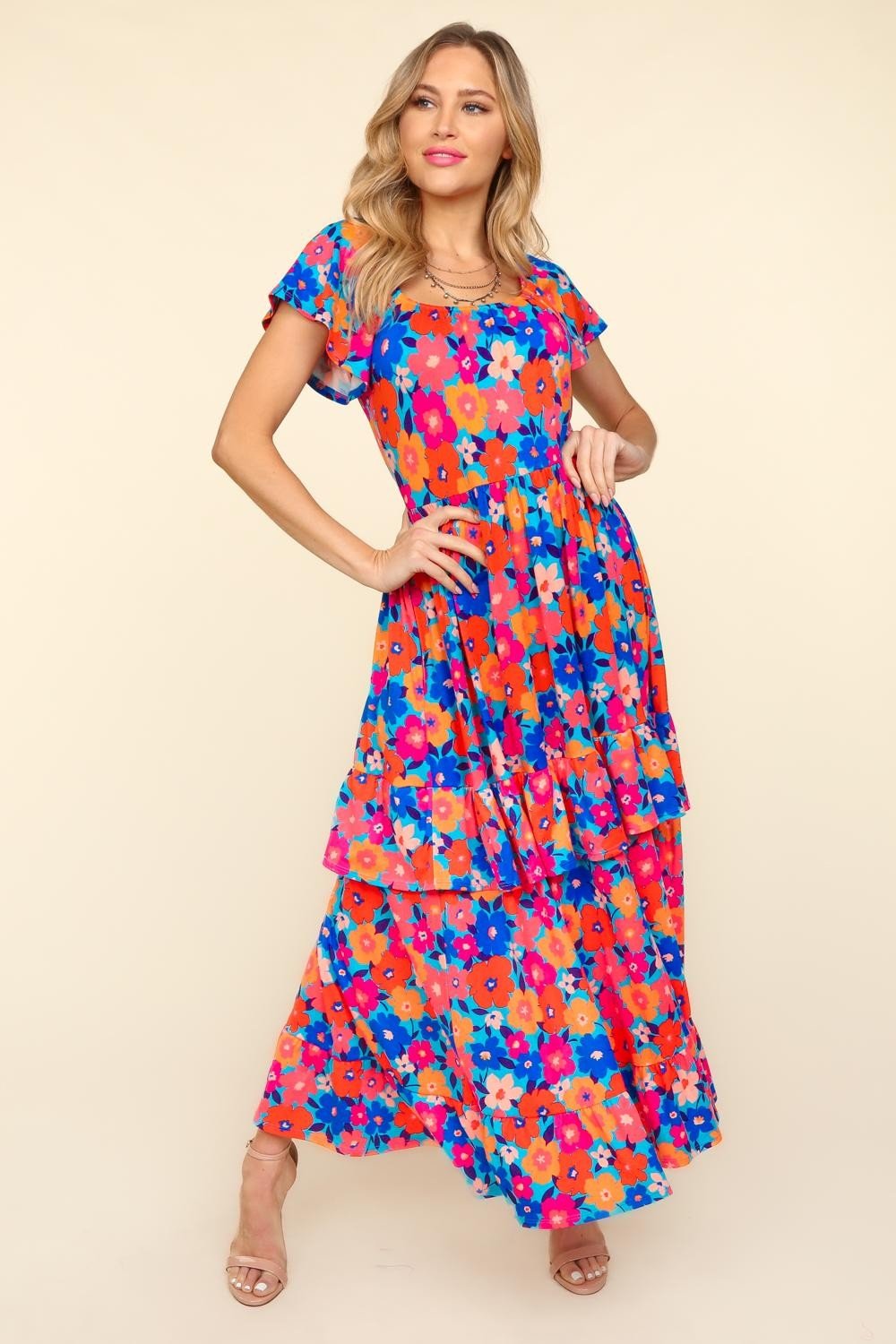Floral Ruffled Maxi Dress with Pockets in Blue OrangeMaxi DressHaptics