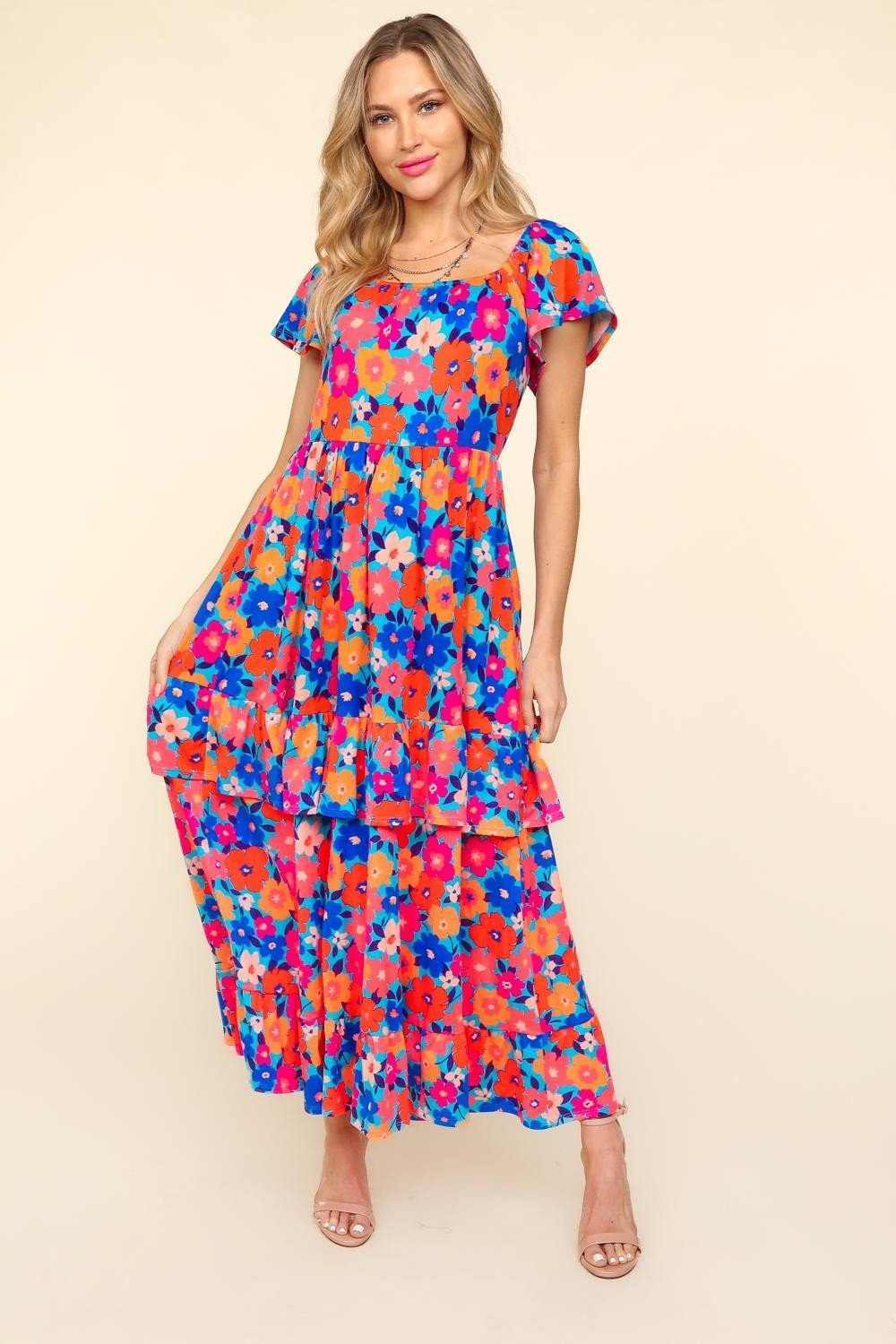 Floral Ruffled Maxi Dress with Pockets in Blue OrangeMaxi DressHaptics
