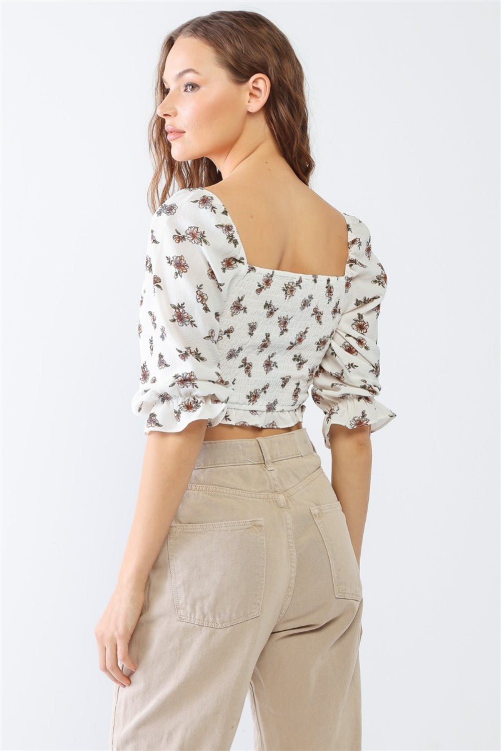 Floral Ruffled Smocked Crop Top in IvoryTopTASHA