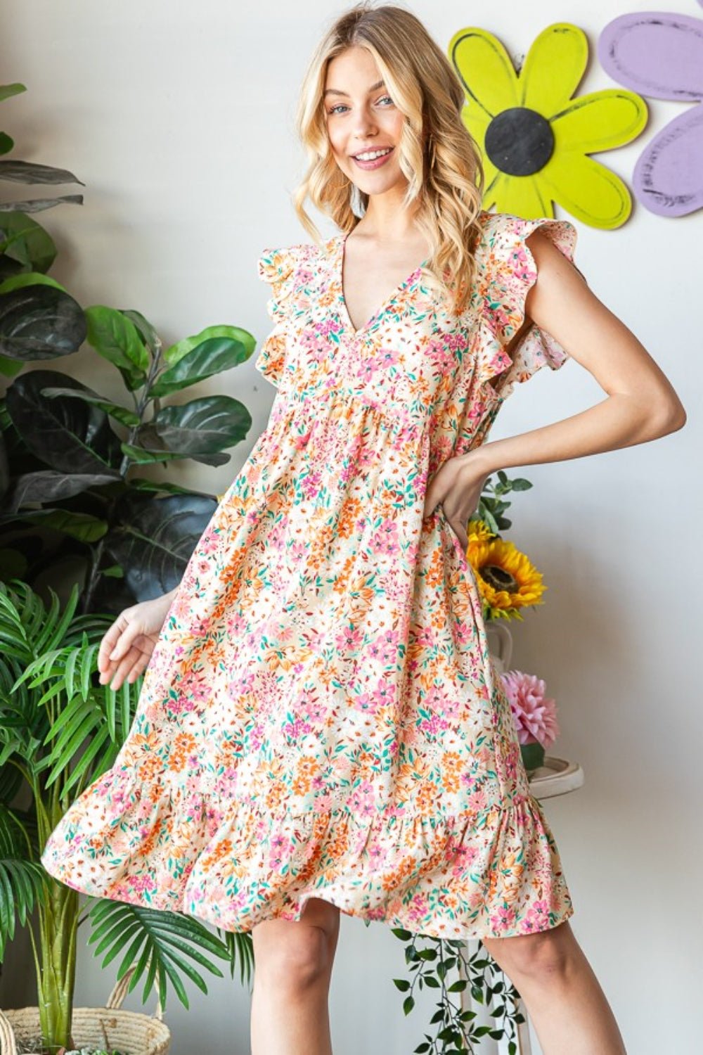 Floral Ruffled V-Neck Knee-Length Dress in SandKnee-Length DressHeimish