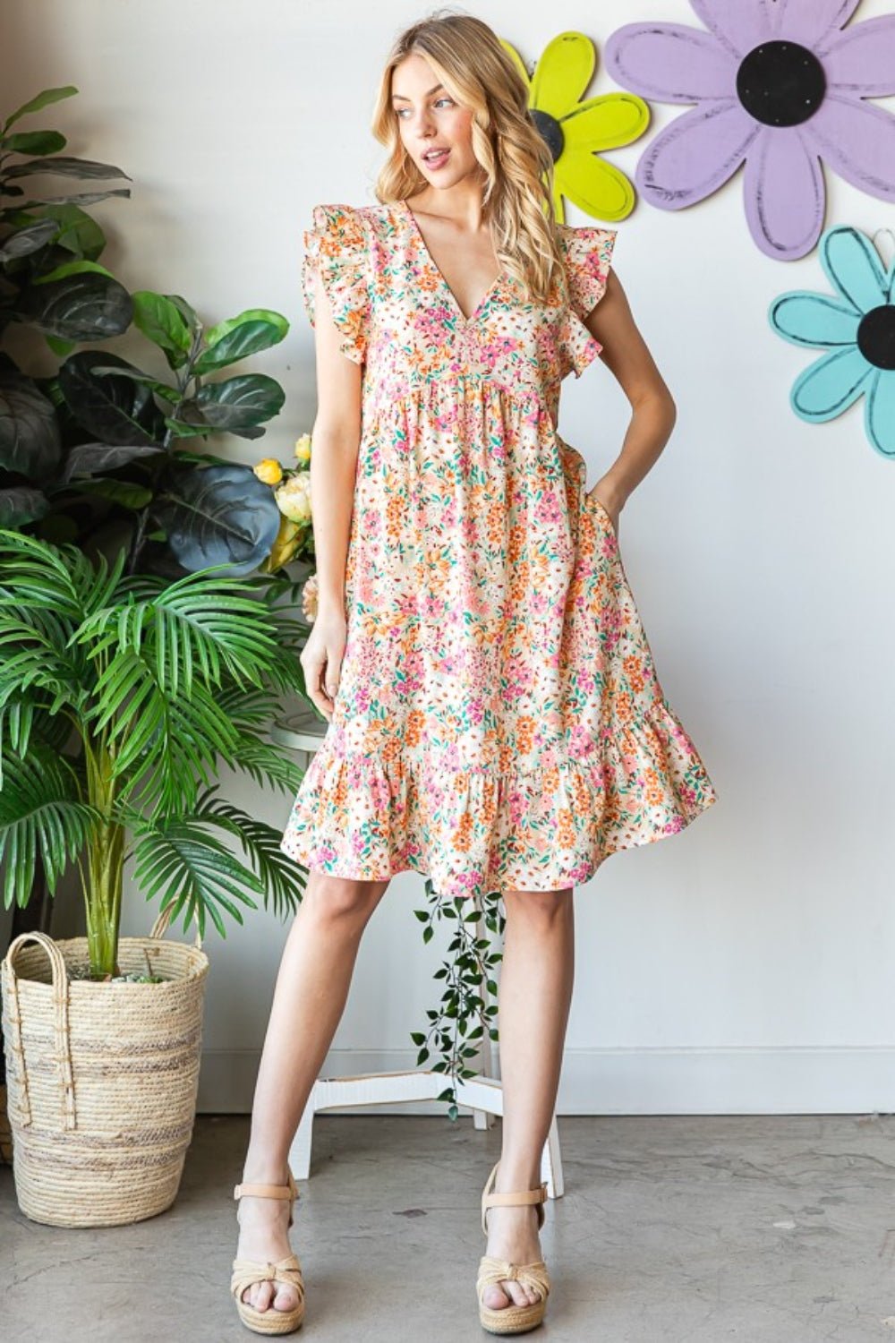 Floral Ruffled V-Neck Knee-Length Dress in SandKnee-Length DressHeimish