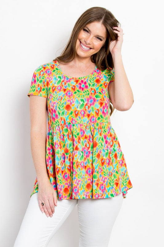 Floral Short Sleeve Babydoll Top in LimeTopBe Stage