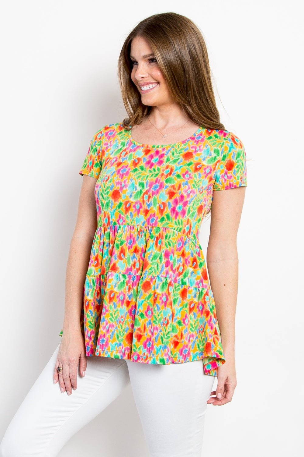 Floral Short Sleeve Babydoll Top in LimeTopBe Stage