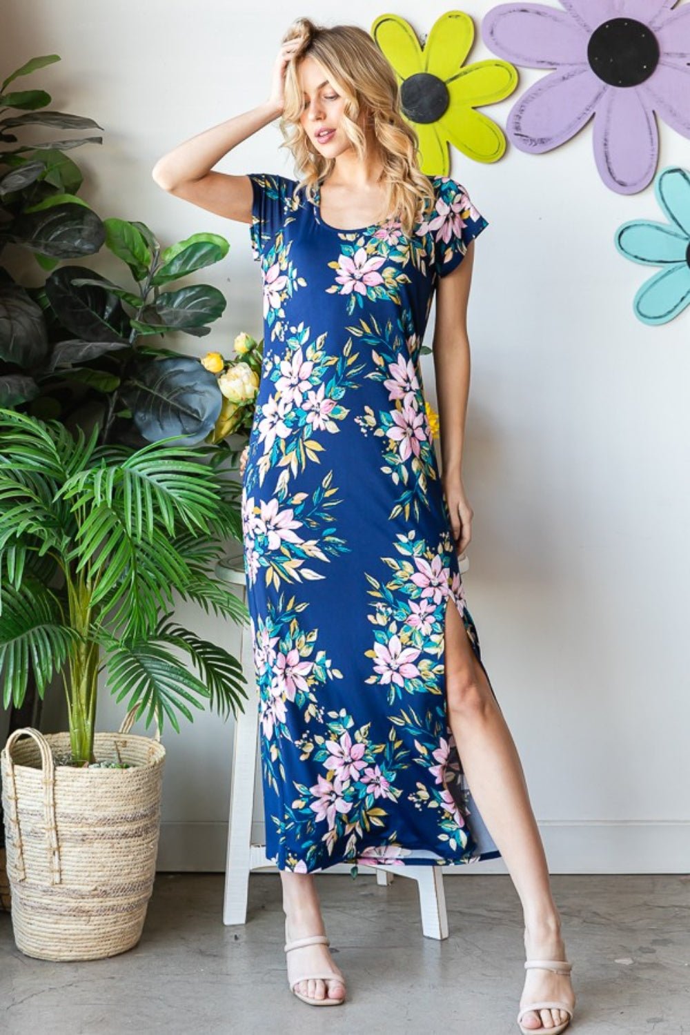 Floral Short Sleeve High Slit Maxi Dress in Navy MultiMaxi DressHeimish