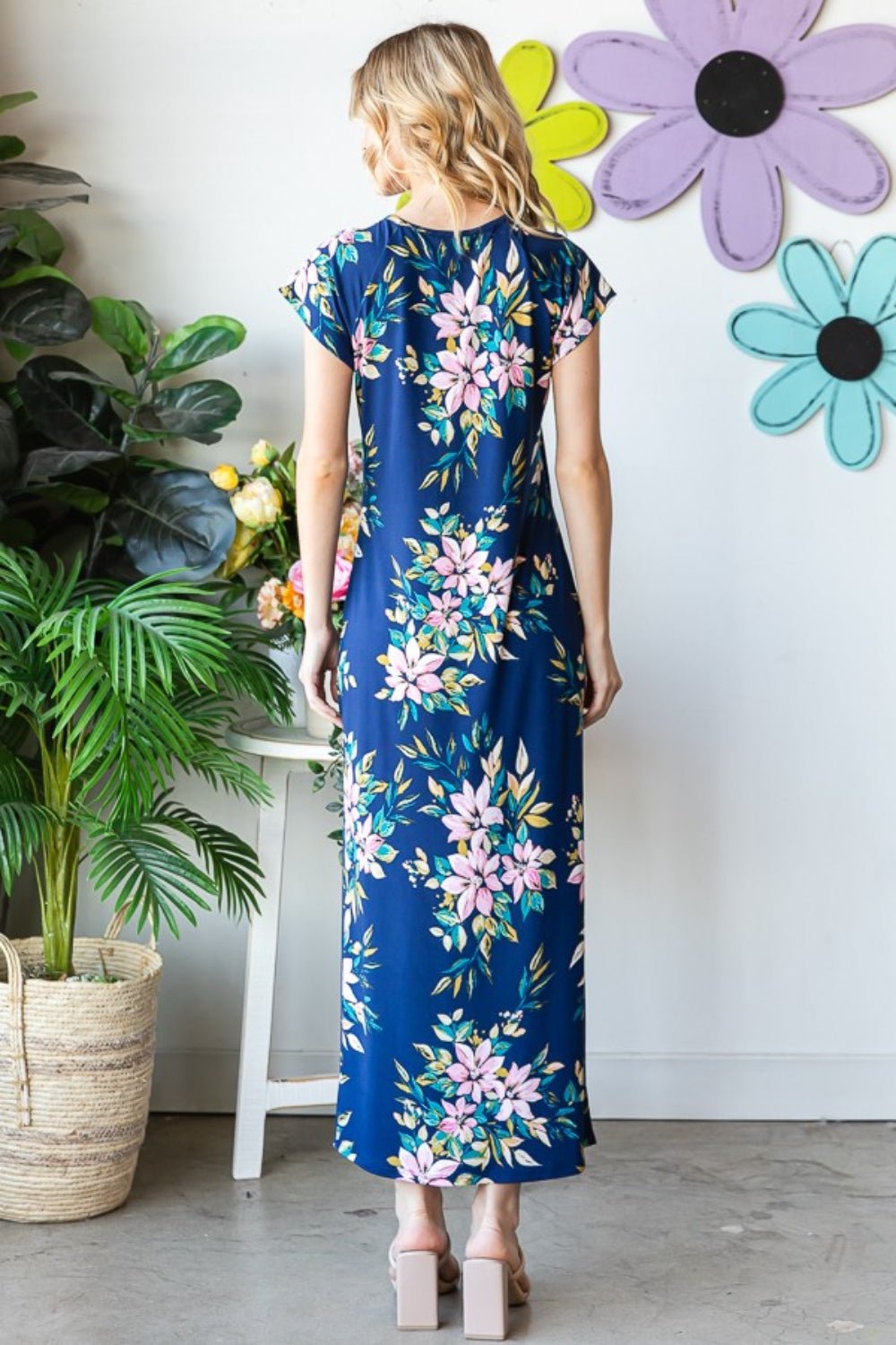 Floral Short Sleeve High Slit Maxi Dress in Navy MultiMaxi DressHeimish