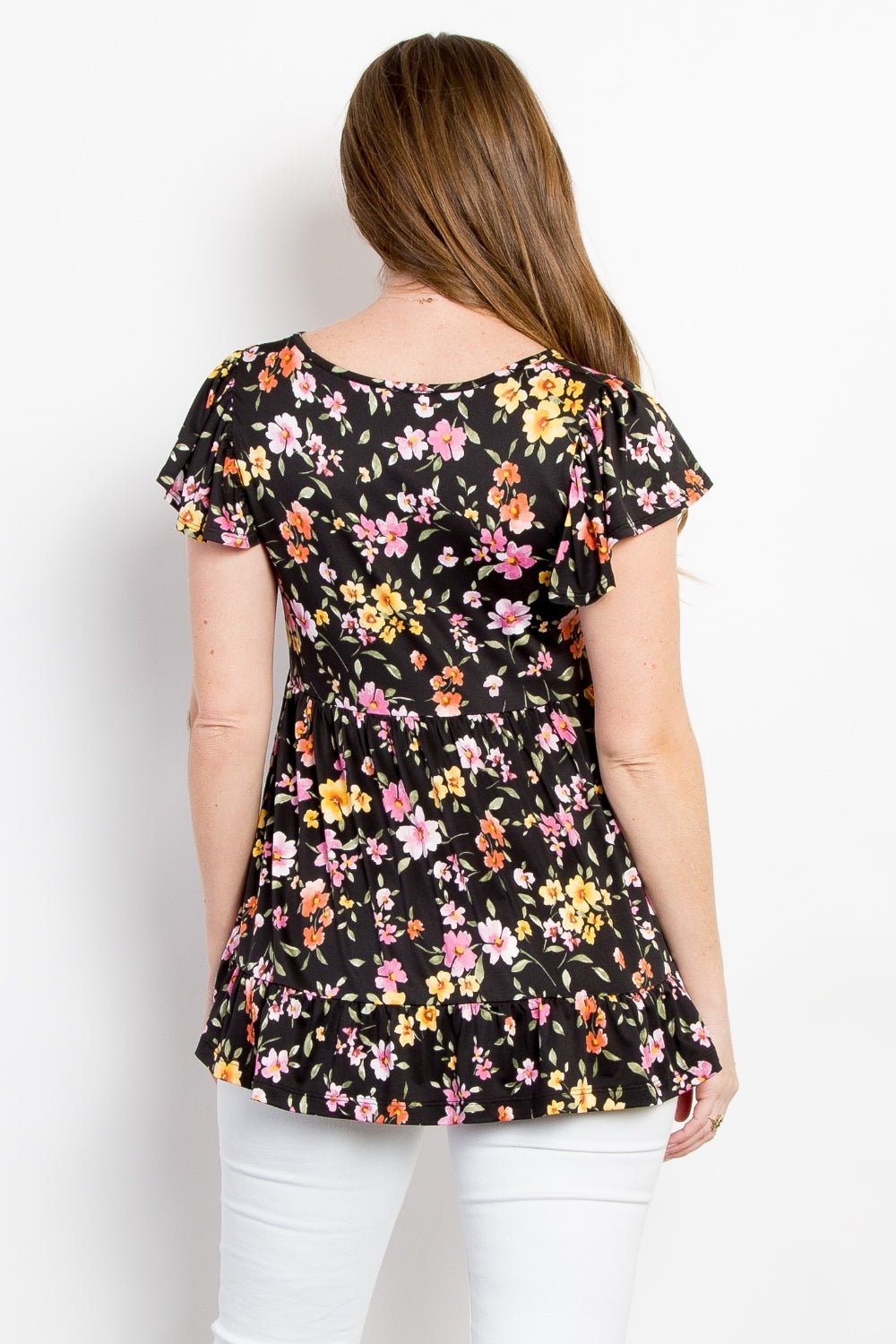 Floral Short Sleeve Ruffled Top in BlackTopBe Stage