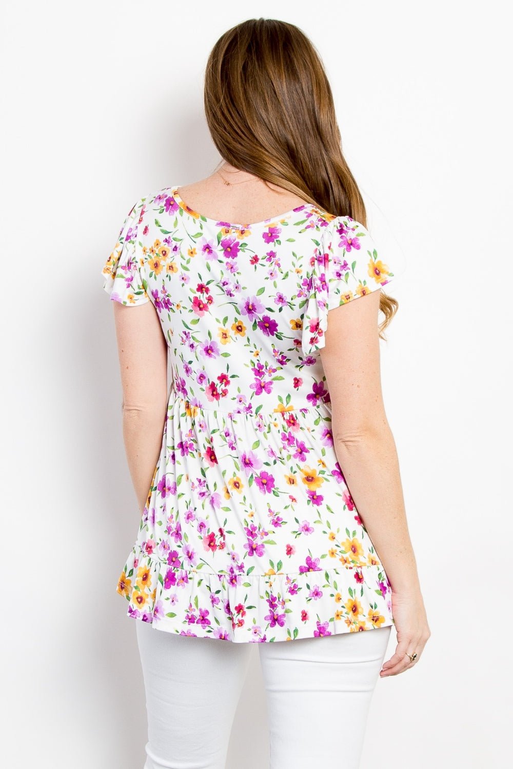 Floral Short Sleeve Ruffled Top in Off-WhiteTopBe Stage