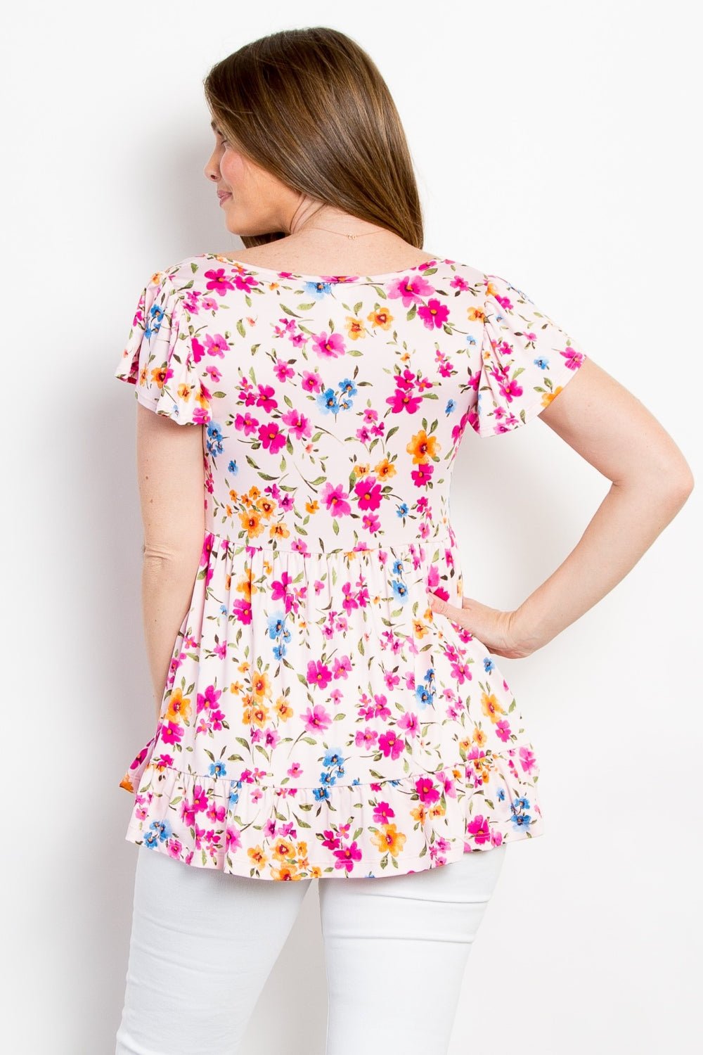 Floral Short Sleeve Ruffled Top in PeachTopBe Stage