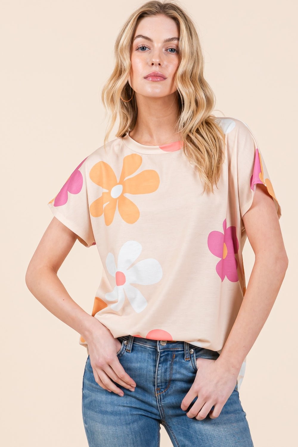Floral Short Sleeve T-Shirt in BeigeT-ShirtBOMBOM