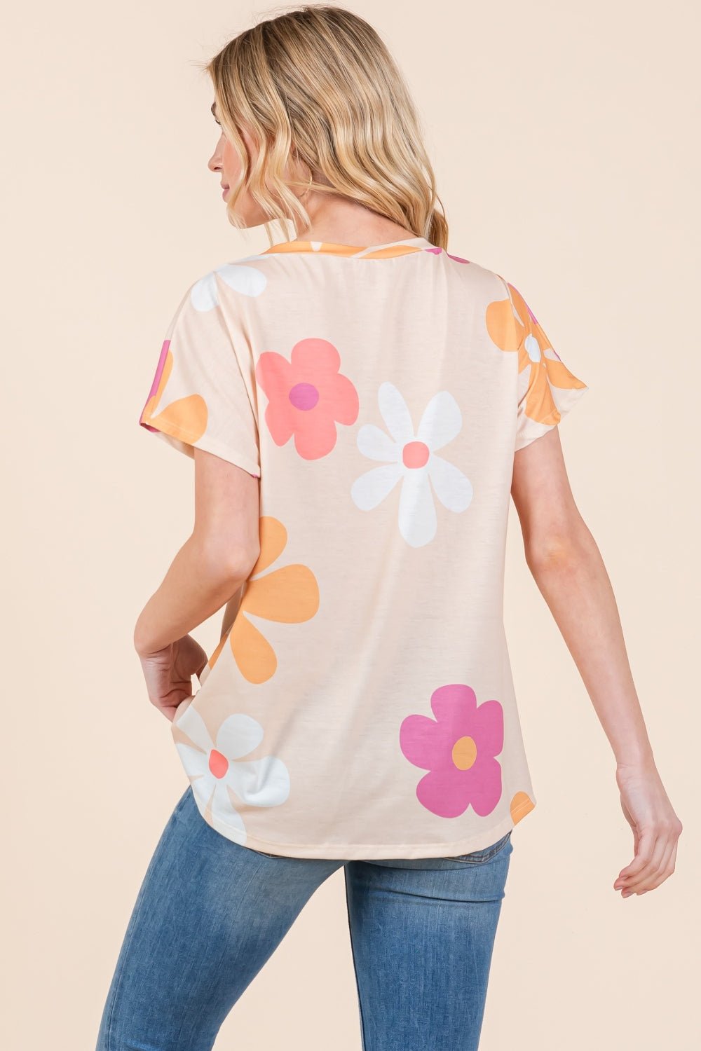 Floral Short Sleeve T-Shirt in BeigeT-ShirtBOMBOM