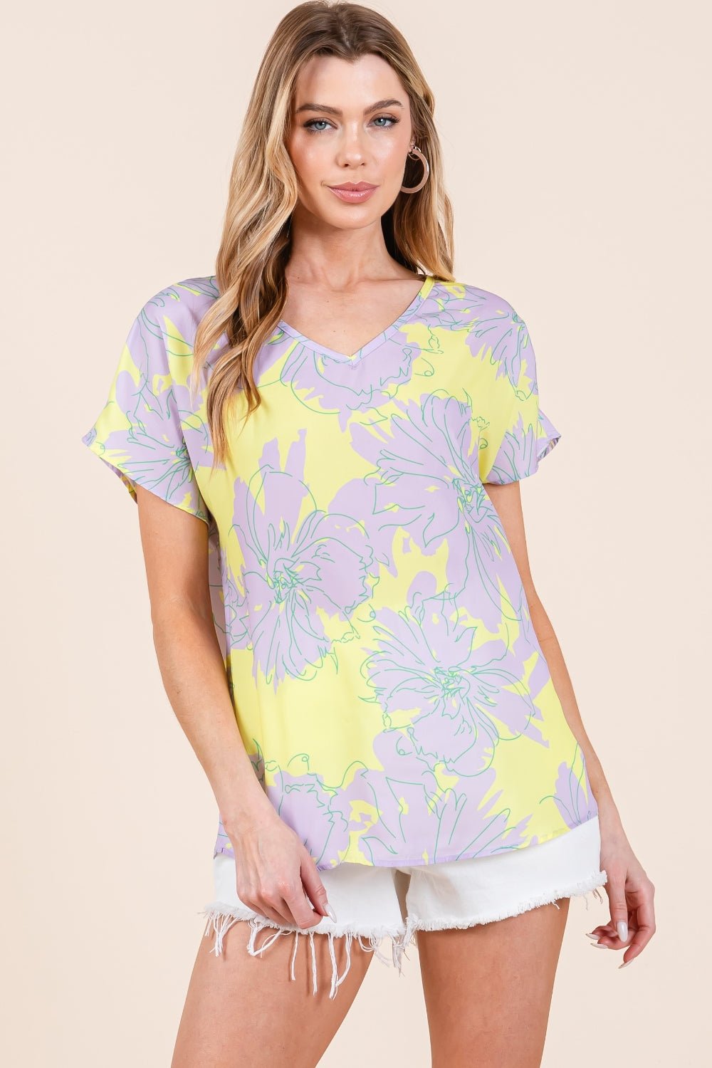 Floral Short Sleeve T-Shirt in Lilac YellowT-ShirtBOMBOM