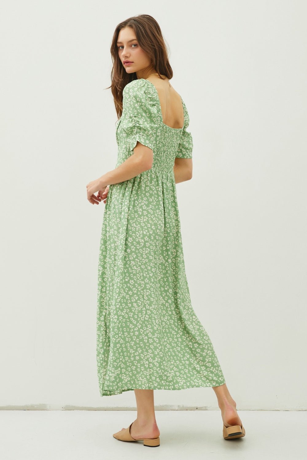 Floral Smocked Back Side Slit Midi DressMidi DressBE COOL