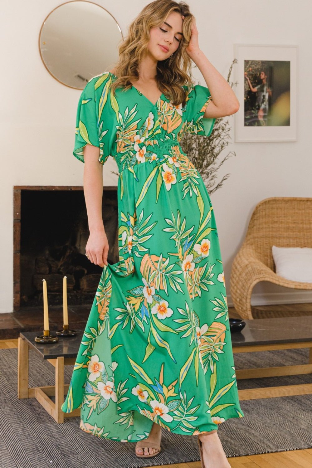 Floral Smocked Tied Back Maxi Dress in Green MultiMaxi DressODDI