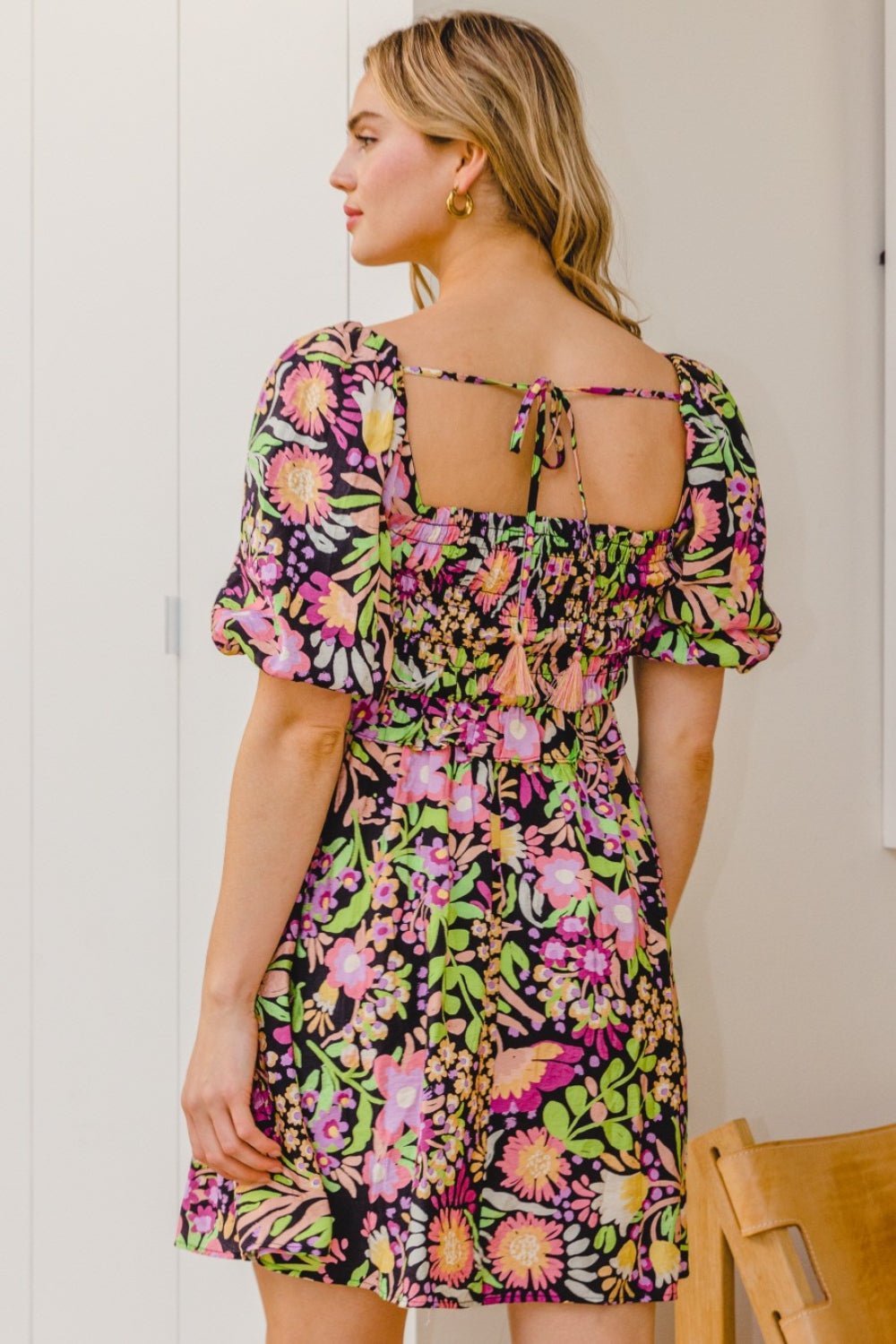 Floral Tie-Back Mini Dress in Black MultiMini DressODDI