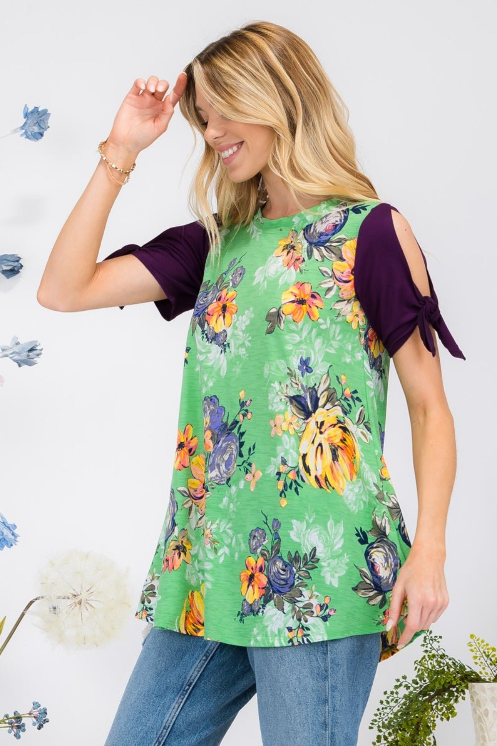Floral Tie Sleeve Blouse in GreenBlouseCeleste Design