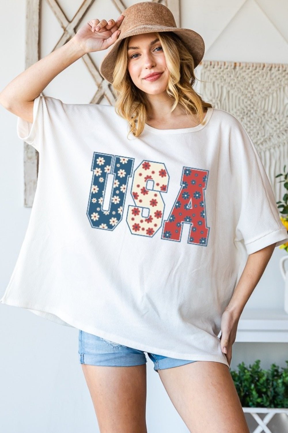 Floral USA Graphic Crew Neck Half Sleeve T-Shirt in CreamT-ShirtHOPELY