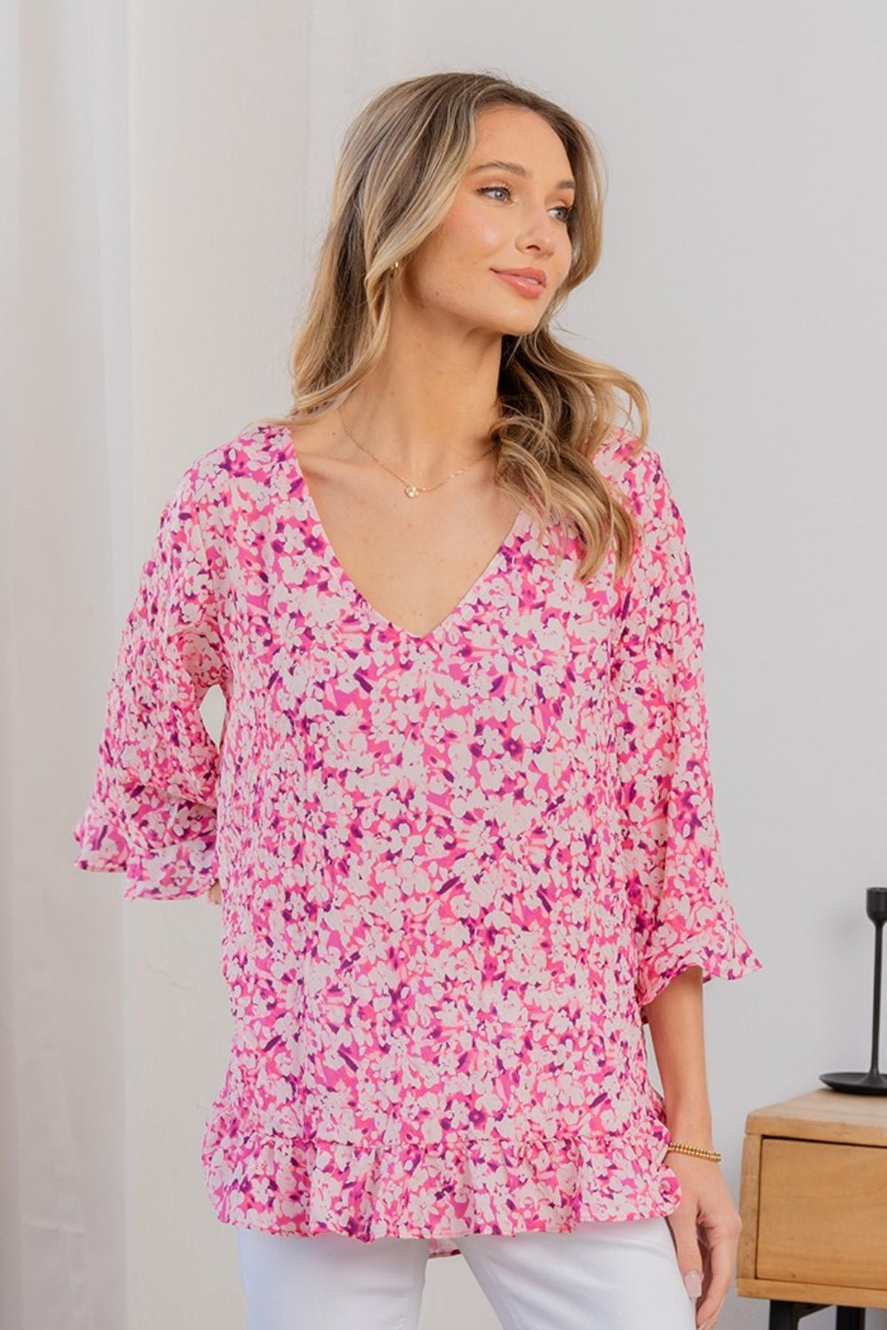 Floral V-Neck Flounce Sleeve Top in Pink CoralTopSew In Love