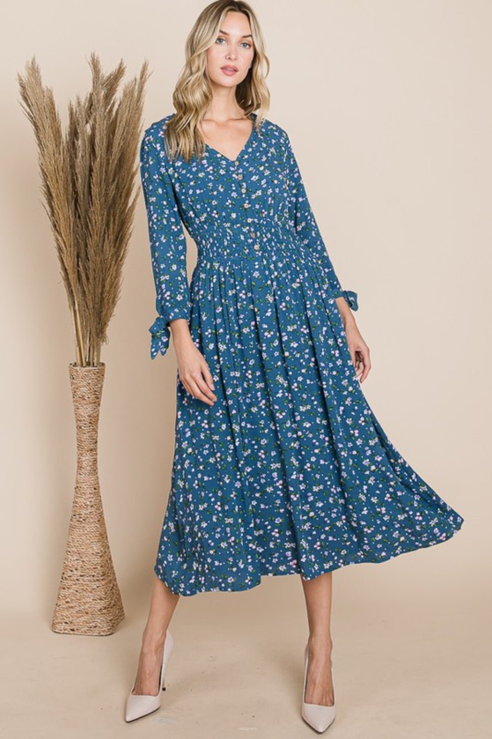 Floral V-Neck Midi Dress in TealMidi DressReborn J