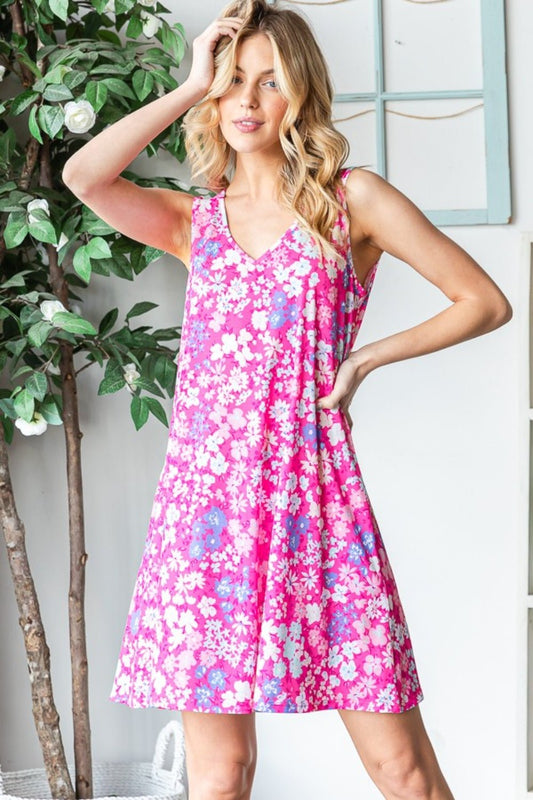 Floral V-Neck Mini Tank Dress with Pockets in Fuchsia MultiMini DressHeimish