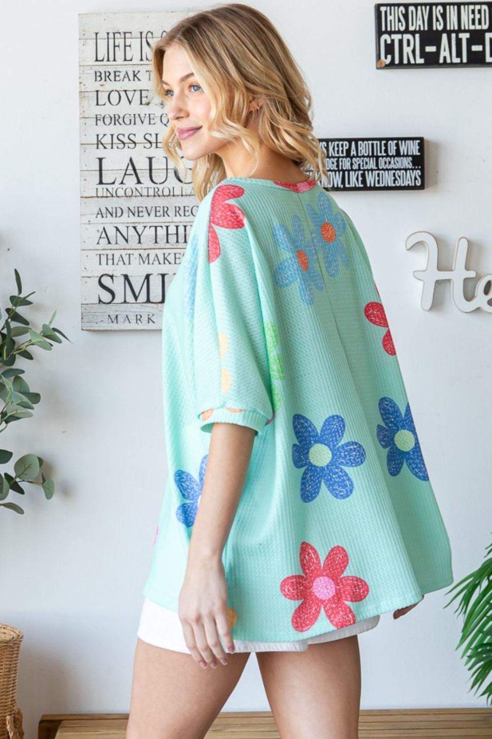 Floral Waffle Knit Oversize T-Shirt in Mint GreenT-ShirtHOPELY