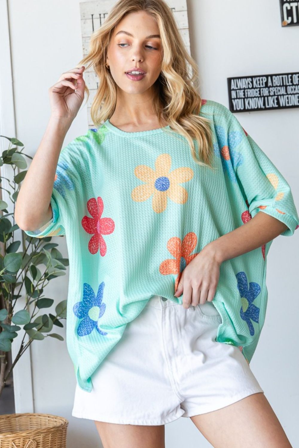 Floral Waffle Knit Oversize T-Shirt in Mint GreenT-ShirtHOPELY