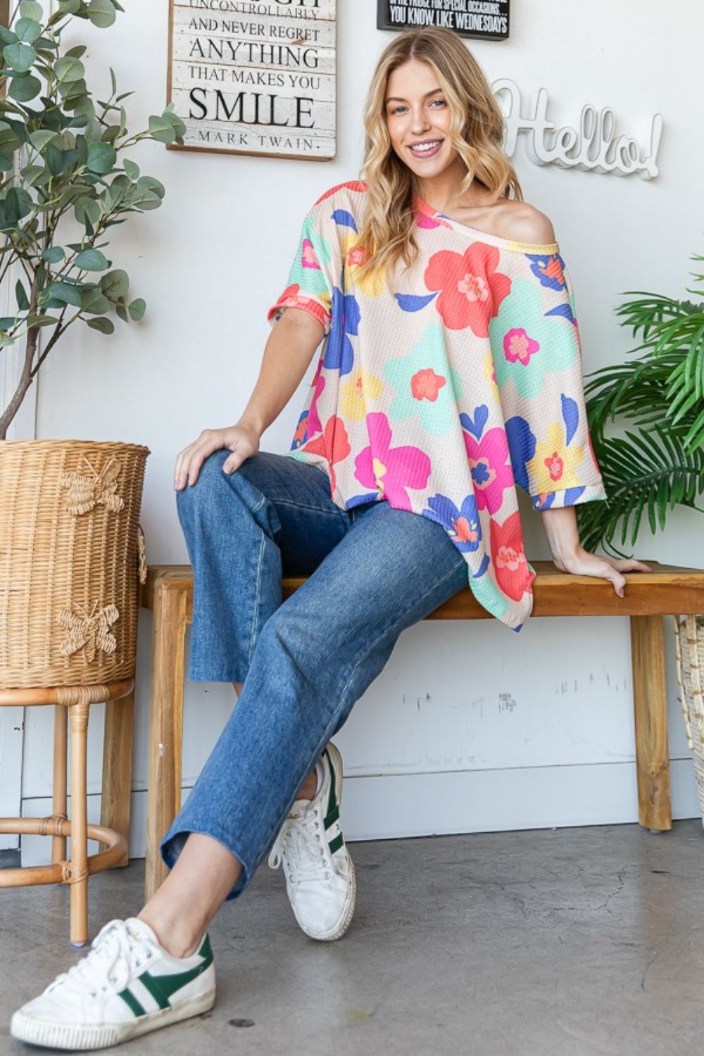 Floral Waffle Knit Oversize T-Shirt in TaupeT-ShirtHOPELY